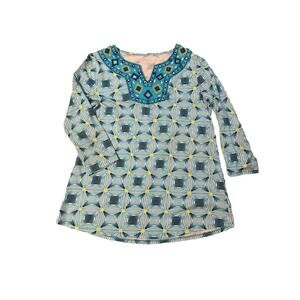 Kim Rogers Womens Blouse Blue Geometric 3/4 Sleeve Notch Neck Embroidered S